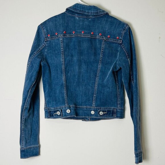 Levi's Denim Jacket Red Studded Embellished Jean Jacket Cropped Fit Small - Picture 2 of 12